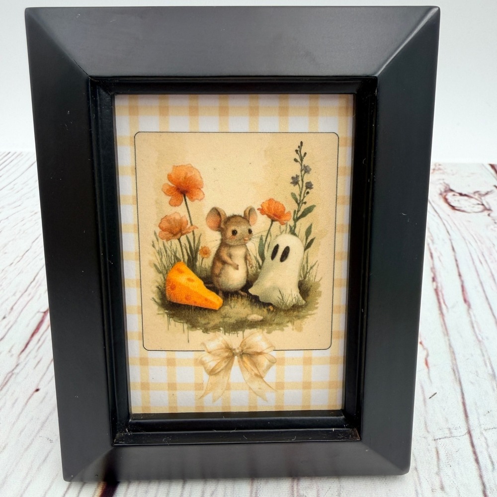 Mouse Ghost and Cheese Art Print in Black Frame Cottagecore‎ Halloween